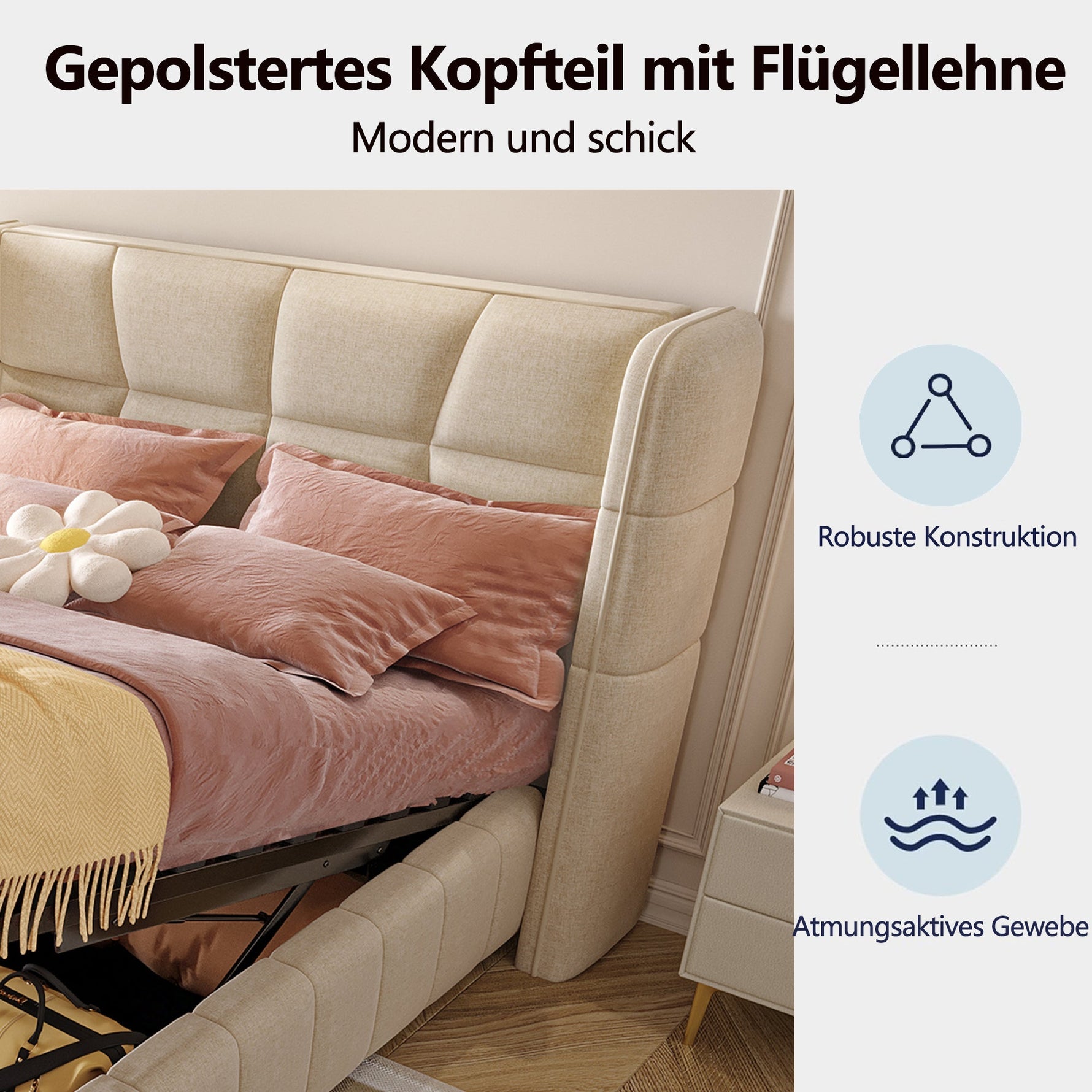 Upholstered Bed with Pneumatic Storage System and Headboard, 90 x 200 cm, Beige Linen