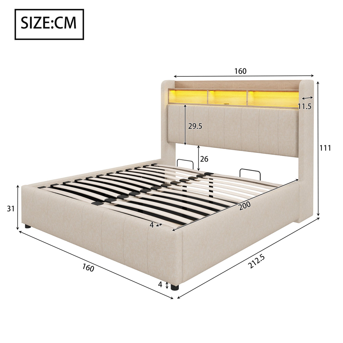 Upholstered Bed 160x200cm LED/USB, Storage, Hydraulic Lift, Beige Linen Fabric