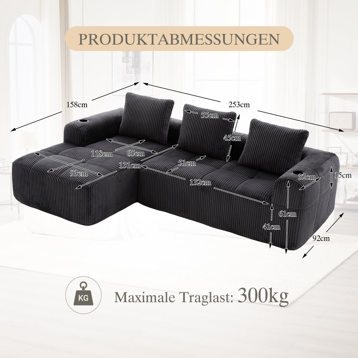 Compact Sofa Modular Side Pocket Cup Holder 3 Cushions - Corduroy Dark Gray