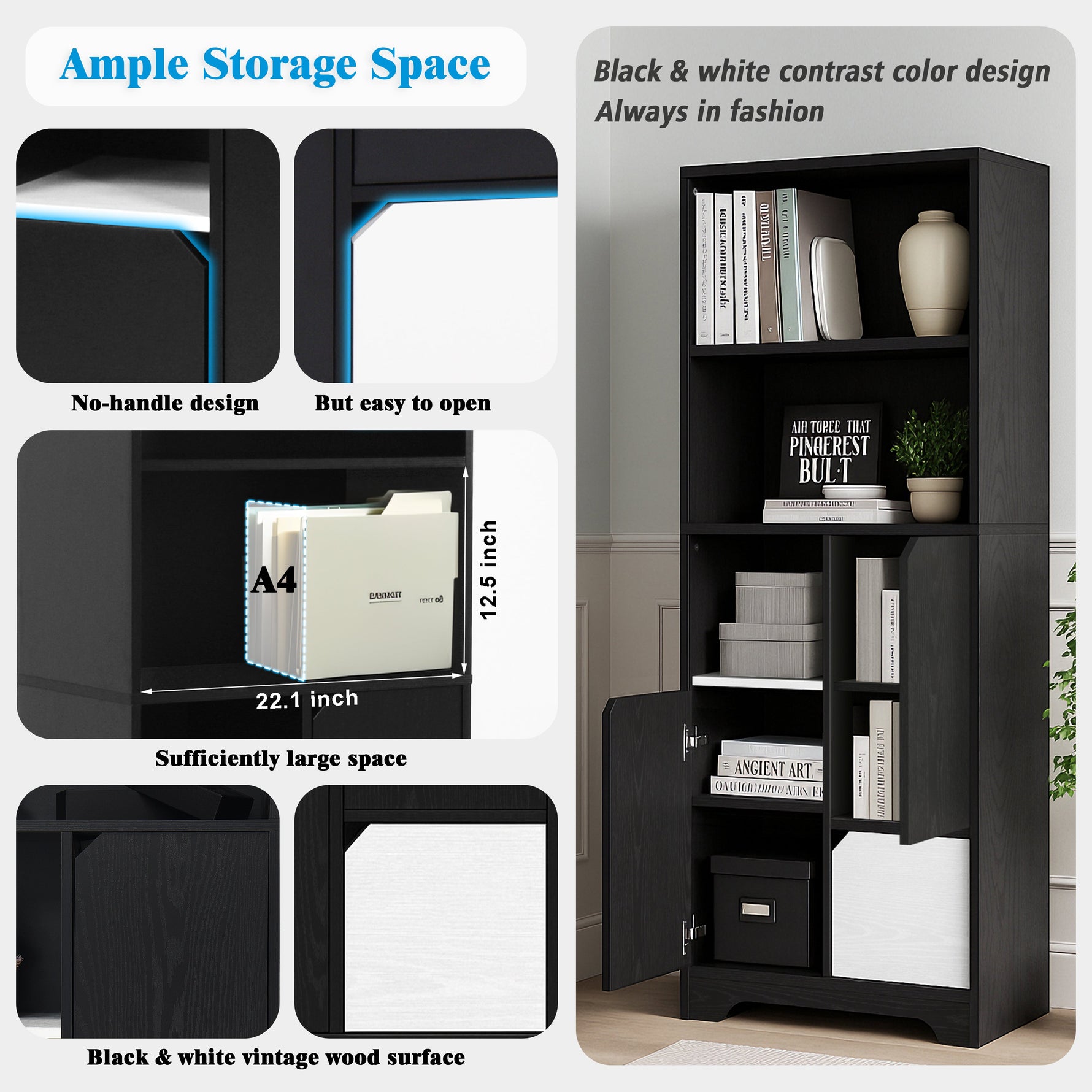 Multifunctional Bookcase with Open Storage, Doors & Drawers - Black/White