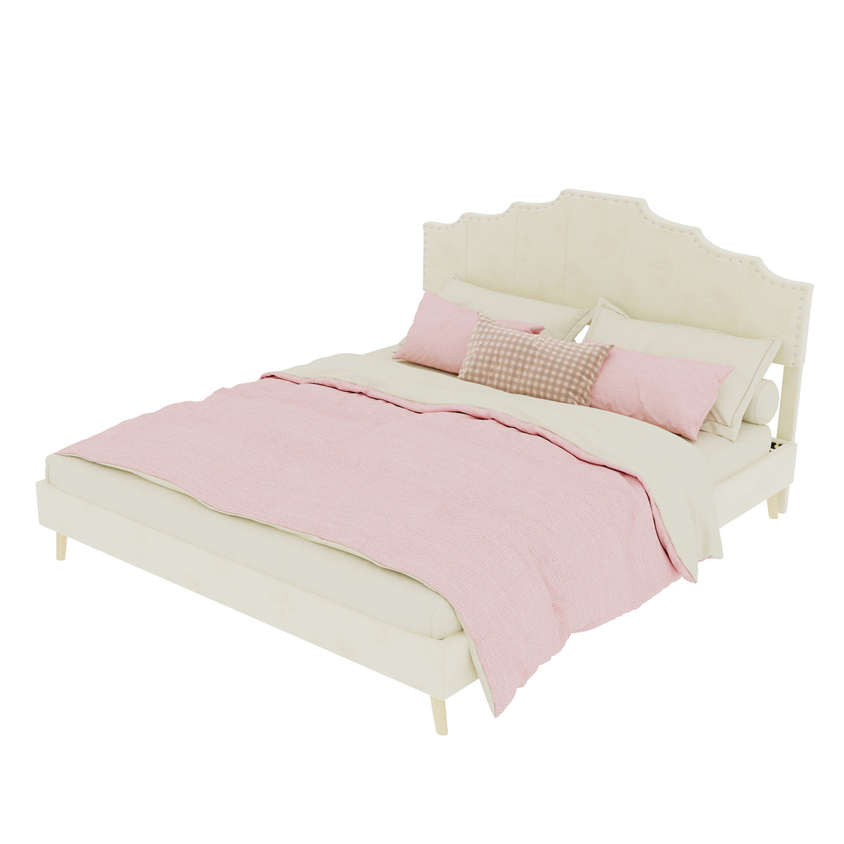Modern Minimalist Soft Bed with 160x200cm Mattress, Beige