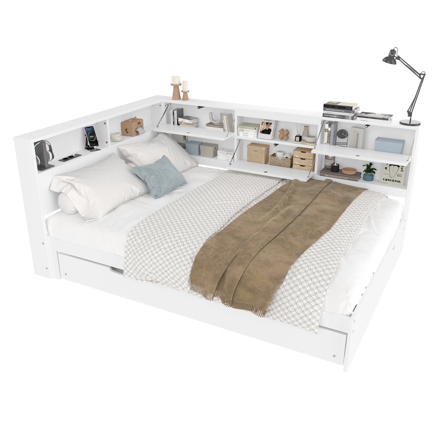 Daybed Sofa Bed with Storage Headboard and Extendable Trundle, 140x200cm, White