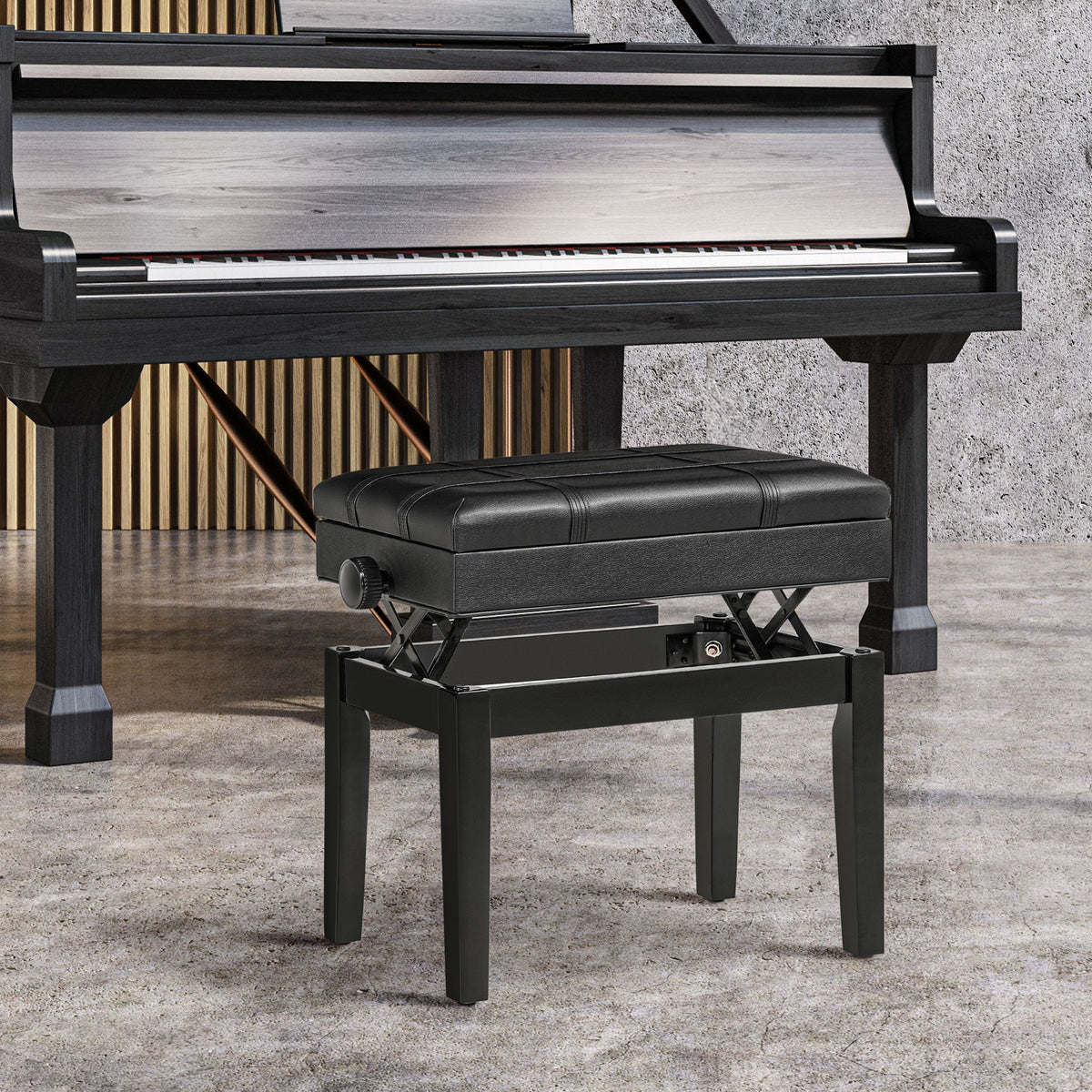 Piano Bench, Height-Adjustable with Storage, Leather Cushion, Black