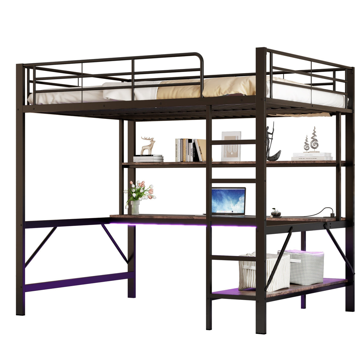 Loft Bed 140x200cm Desk LED USB/Power Outlet Shelf - Metal Black