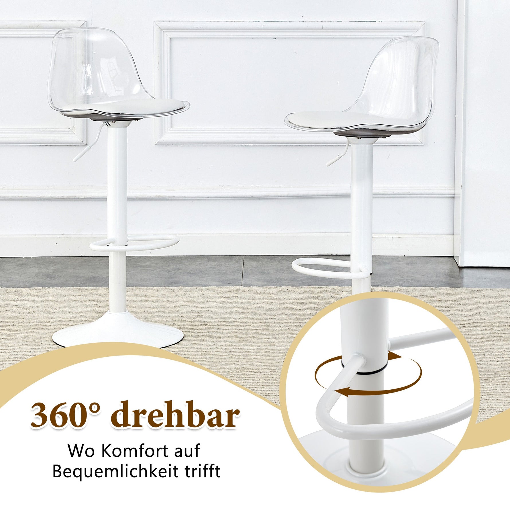 Bar Set 89cm Glass Table 2 Stools Adjustable Swivel - White Legs