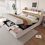 Upholstered Bed 180 x 200 cm, Hydraulic Storage with Fold-Down Headboard and LED Lighting, Beige Velvet