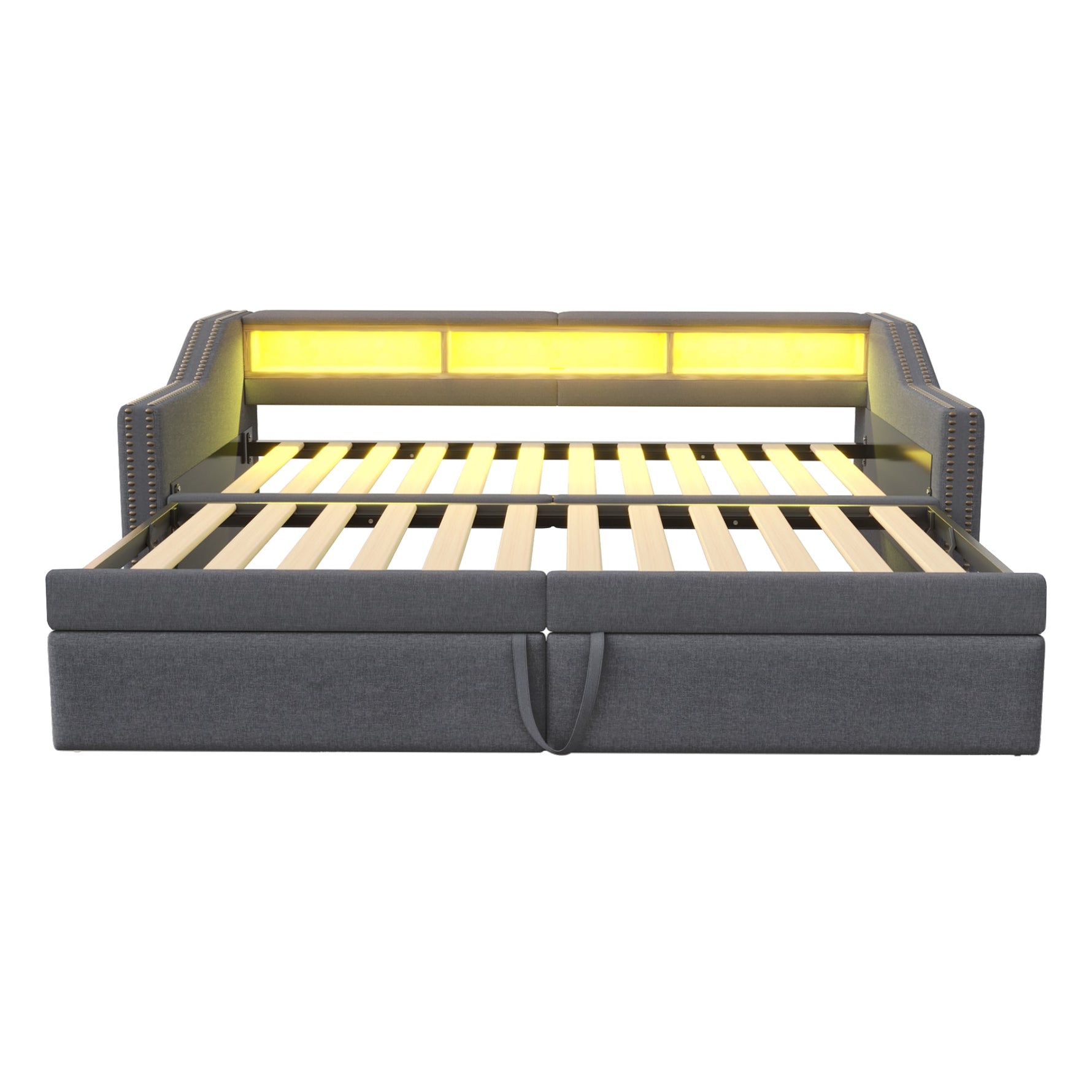 Upholstered Bed, Pull-Out Sofa Bed with Storage, LED Light, USB Port, Slatted Frame, Dark Grey