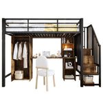 Loft Bed 90x200 cm with Wardrobe, Desk & Storage, Black Iron Frame