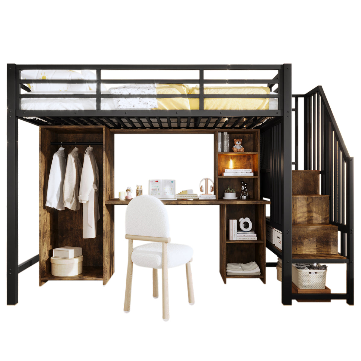 Loft Bed 90x200 cm with Wardrobe, Desk & Storage, Black Iron Frame