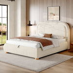Upholstered Double Bed 140x190cm Hydraulic Storage Slatted Base Beige Bouclé