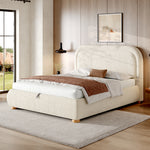 Upholstered Double Bed 140x200 cm with Storage, Beige Bouclé