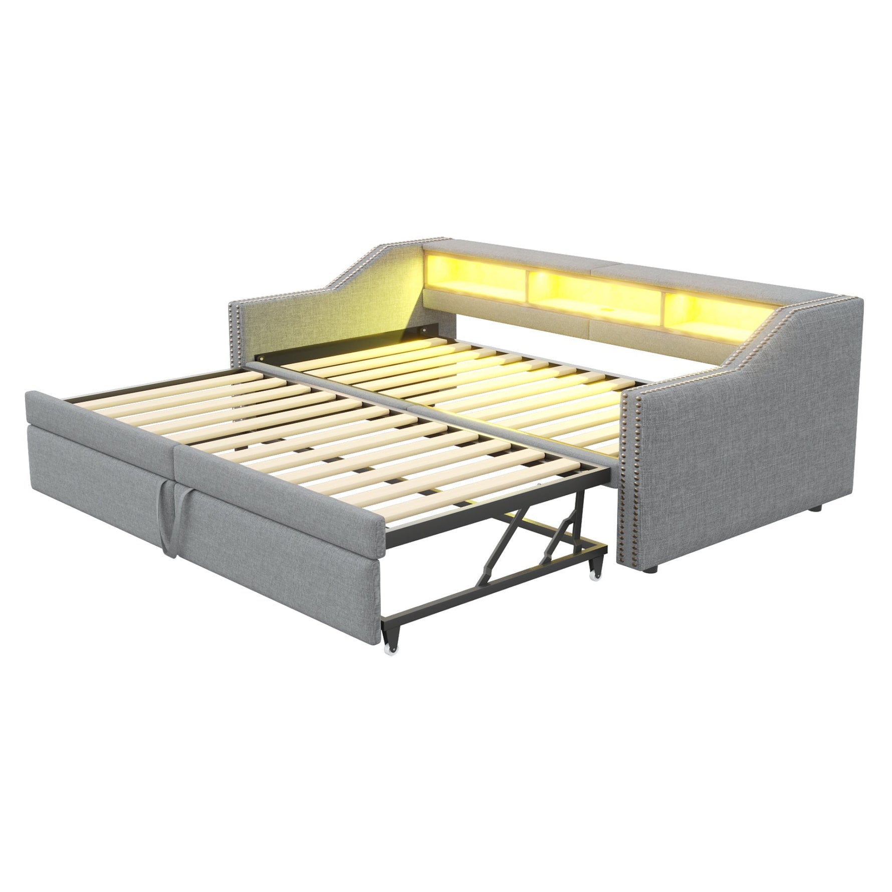 Upholstered Sofa Bed, Pull-Out with Storage, LED & USB, Light Grey