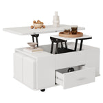 Coffee Table, Height-Adjustable 4-in-1 Multifunctional with Drawers and 4 Stools, White