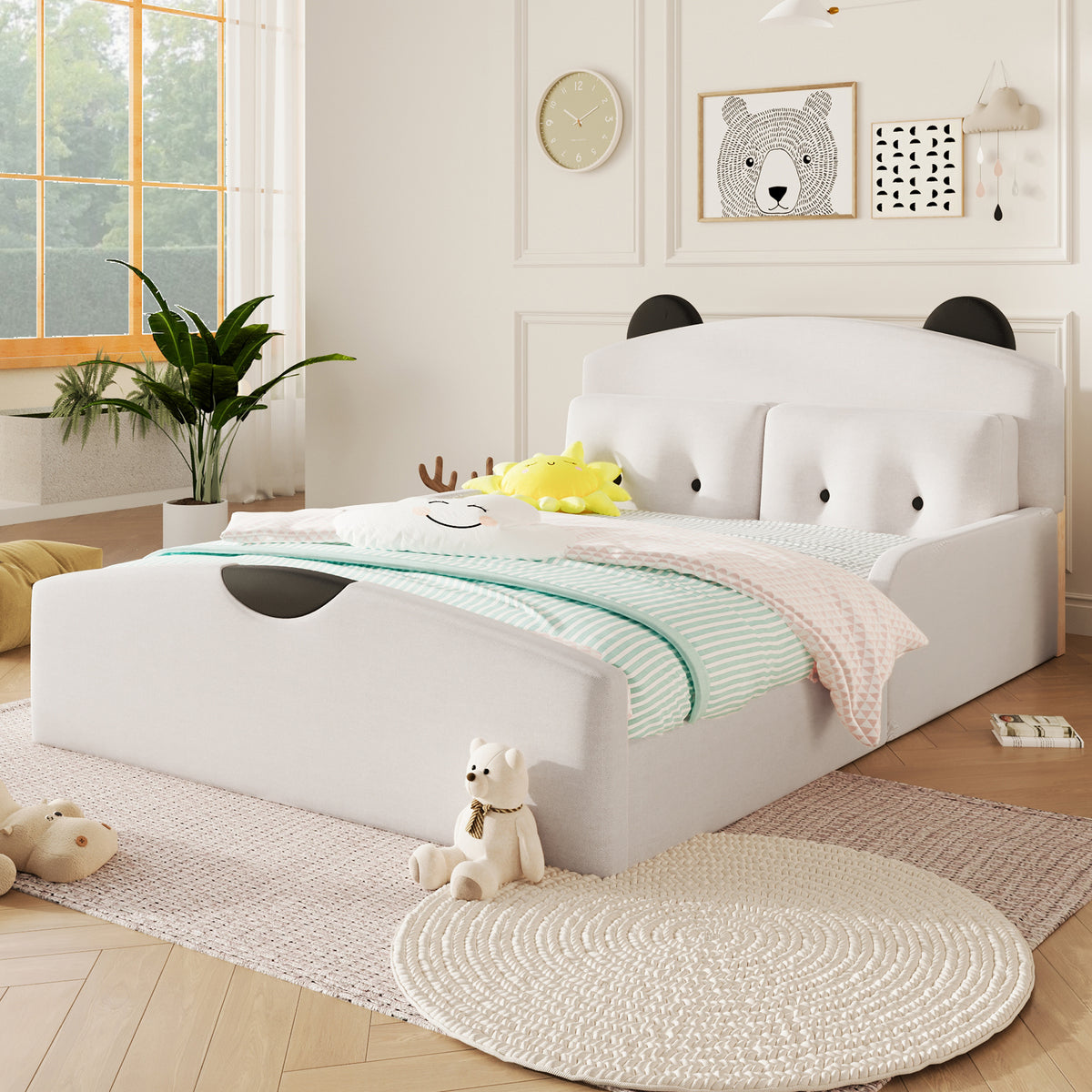 Platform Bed 140x200 with Bear Headboard & Cushions - White Linen