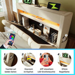 Upholstered Single Bed 90x200cm, Hydraulic Storage LED/USB Headboard, Beige Linen