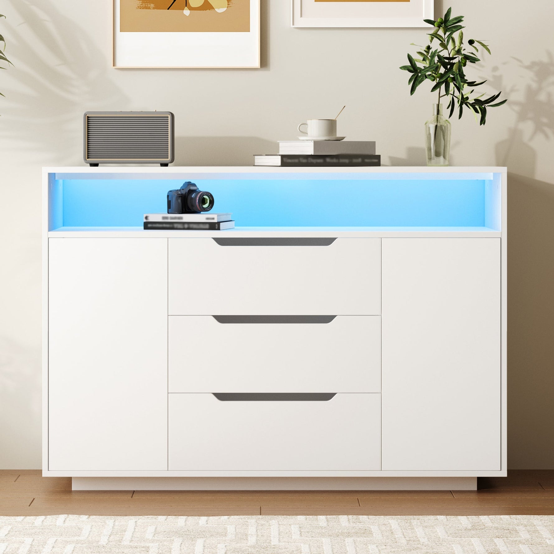 Multi-functional Cabinet with Open Shelving, Three Drawers and Side Doors, Matte White