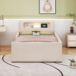 Upholstered Children's Bed 90x200cm Night Light USB Storage Safety Faux Leather Beige