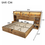 System Bed 180x200cm with Hydraulic Storage, Integrated Bedside Tables, Headboard Shelf, LED and USB-C, Oak Wood Look
