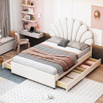 Upholstered Bed, 140x200cm Flower Headboard, Storage, Velvet Beige