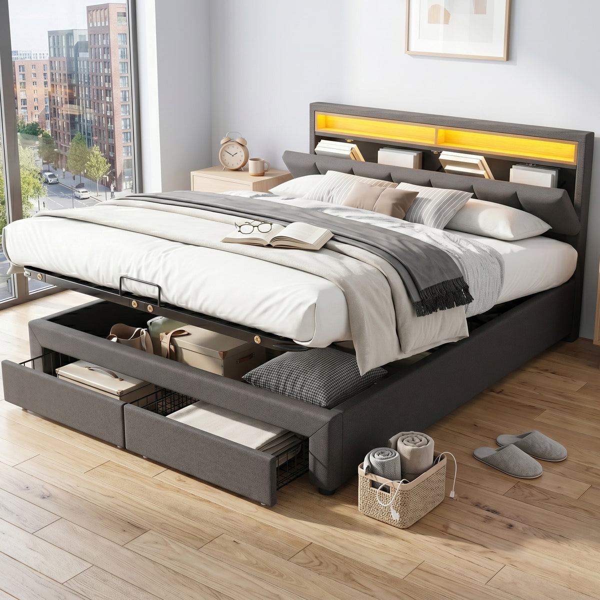 Upholstered Bed 180x200cm with Hydraulic Storage & LED, Grey Linen