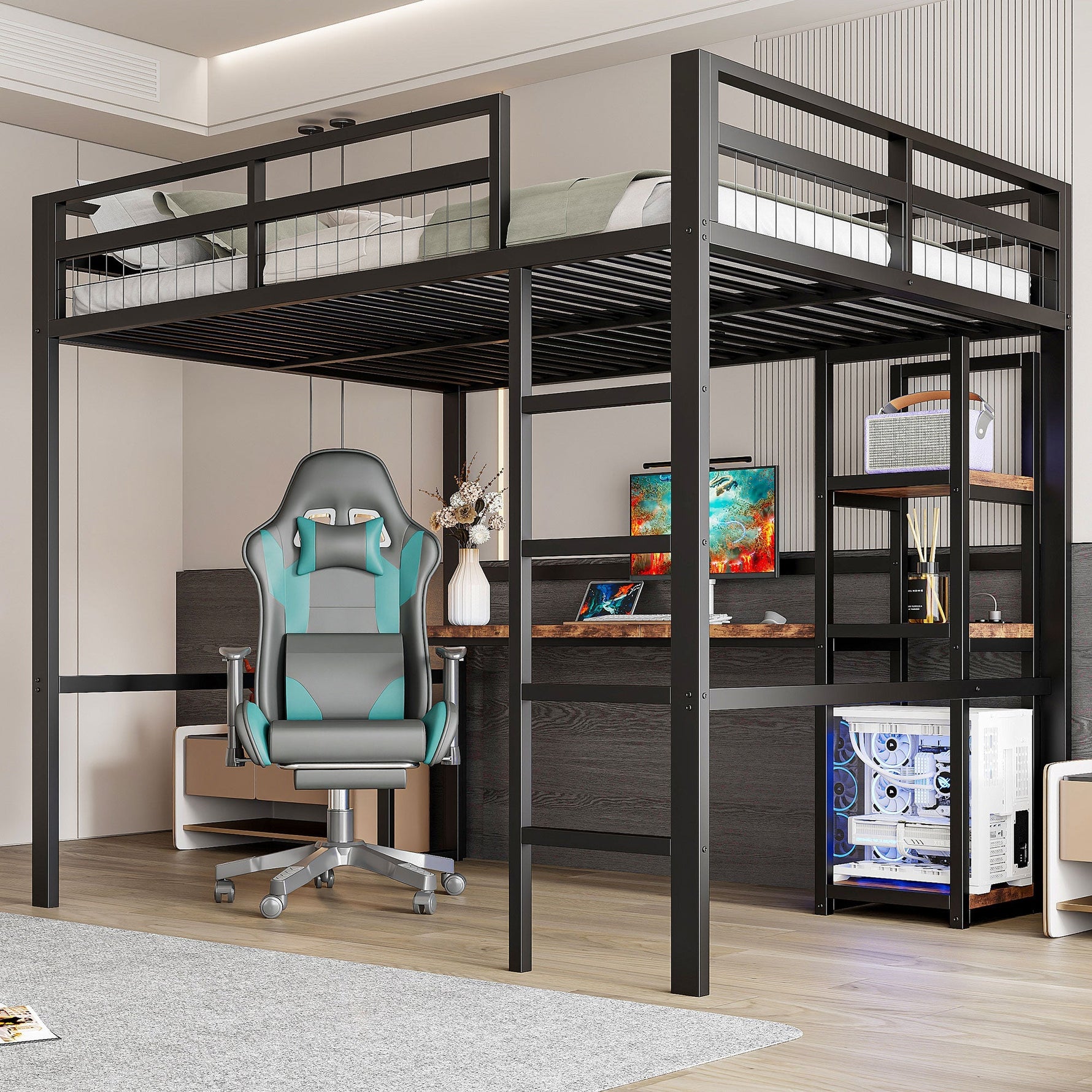 Loft Bed 140x200cm Iron Frame Desk Shelves Power USB/Type-C - Black