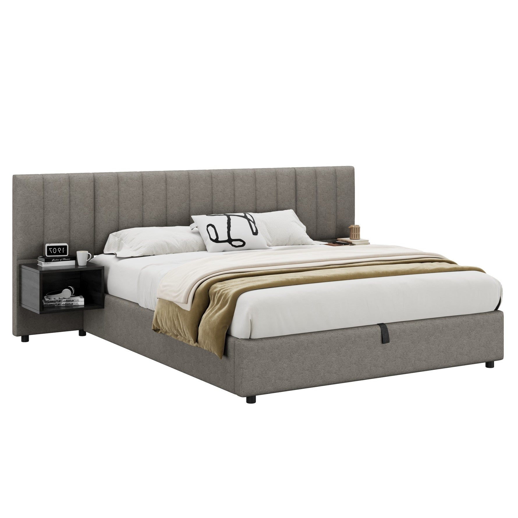 Upholstered Bed 160 x 200 cm with Hydraulic Storage and 2 Bedside Tables, Grey and Black Linen