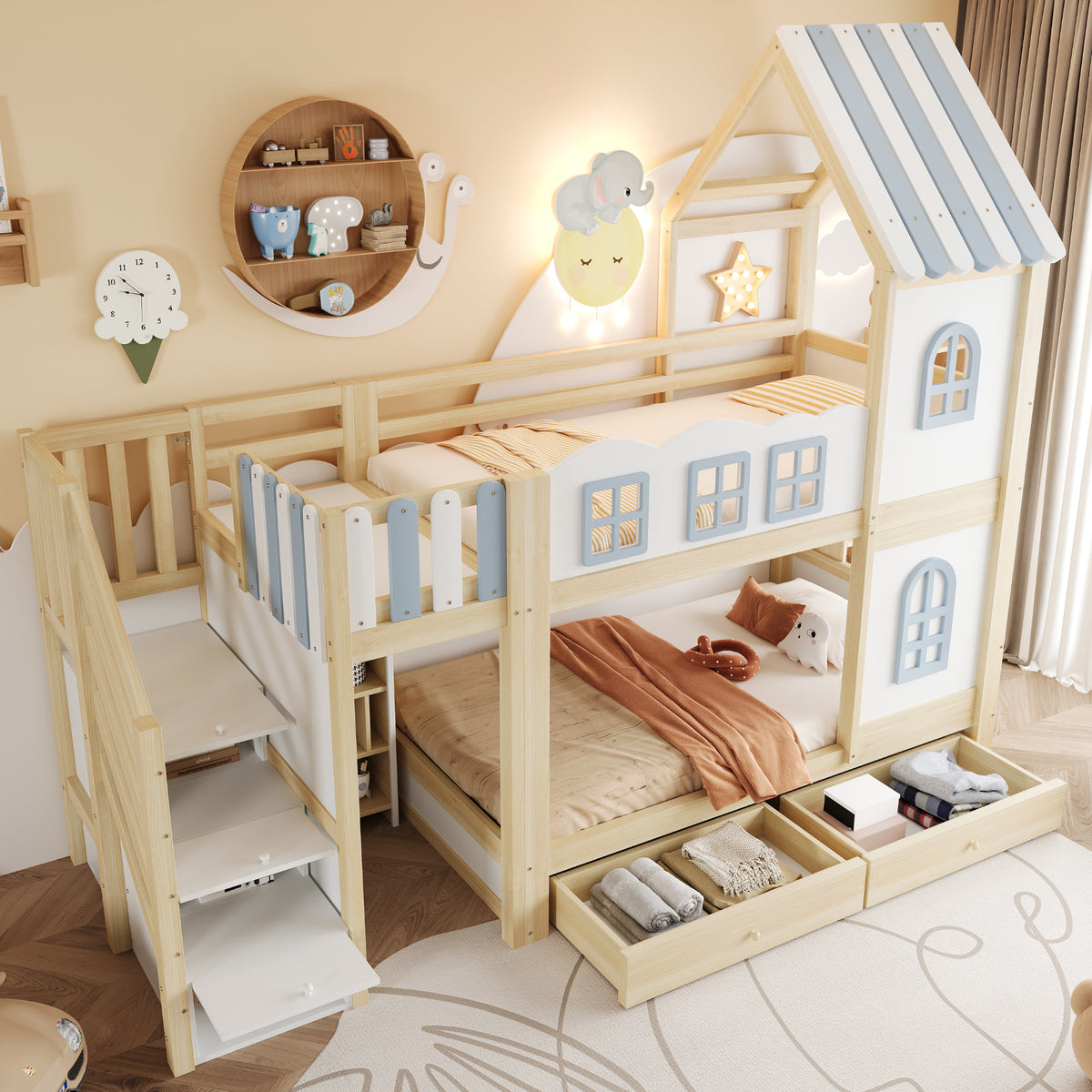 Children's Bunk Bed 90x200cm with Roof & Storage Ladder, White