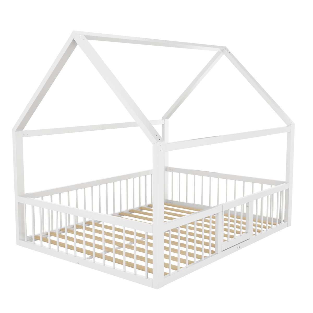 Flatbed Metal Bed 140x200cm with House Trim & Railing - White