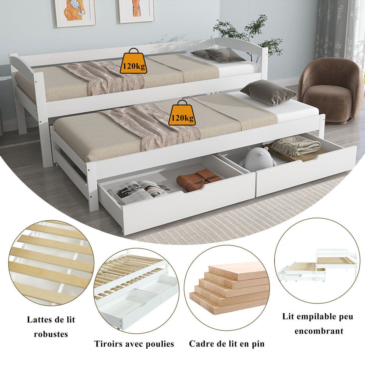Daybed 90x200cm with Trundle & 2 Drawers, White Solid Wood