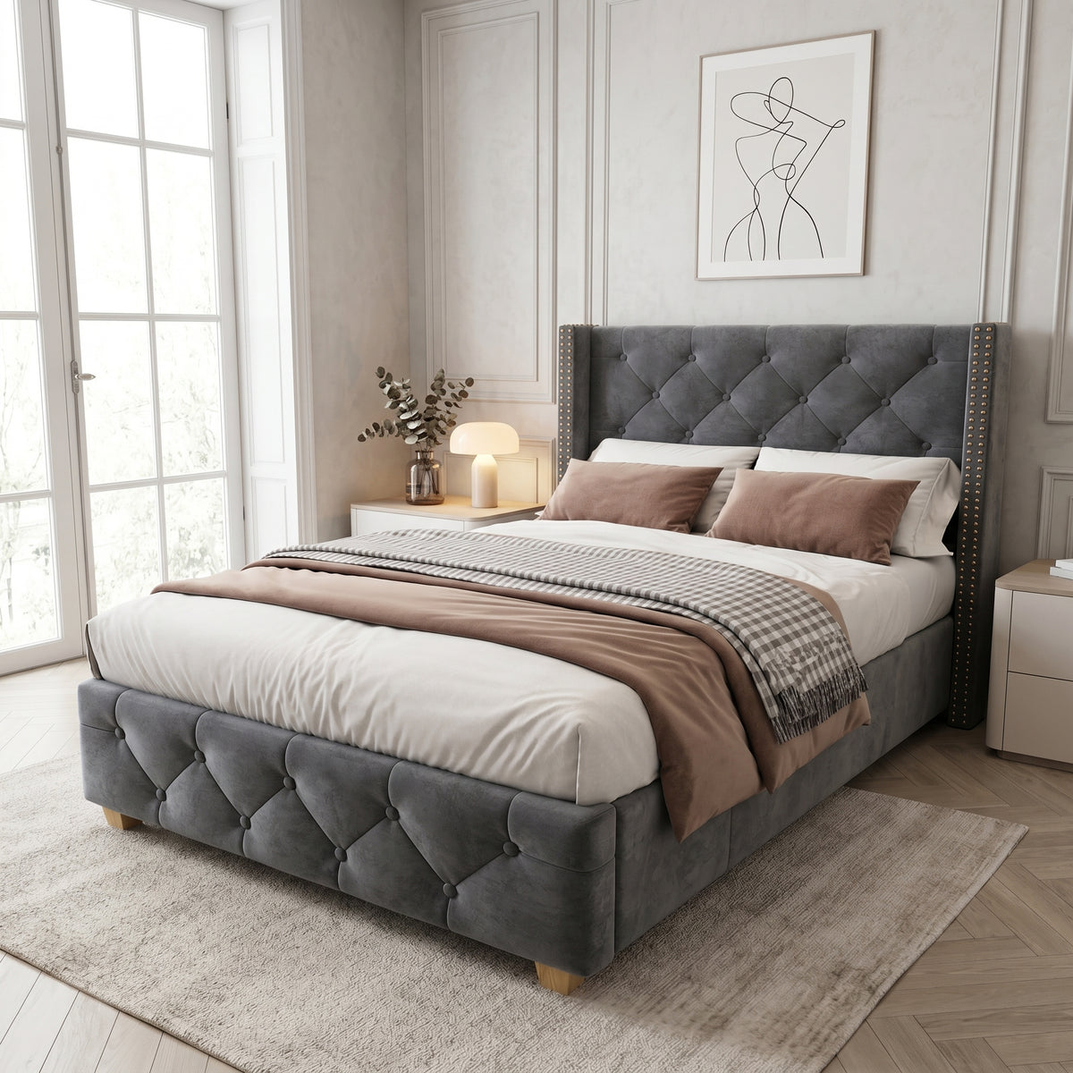 Upholstered Bed 90x200cm with Slatted Frame, Grey Velvet