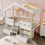 House Shape Loft Bed 90x200cm with 2 Drawers & LED, White + Natural