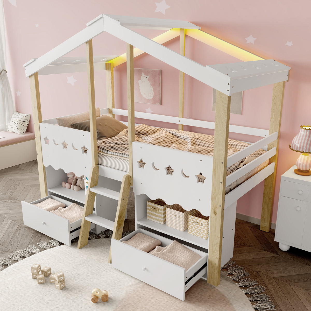House Shape Loft Bed 90x200cm with 2 Drawers & LED, White + Natural