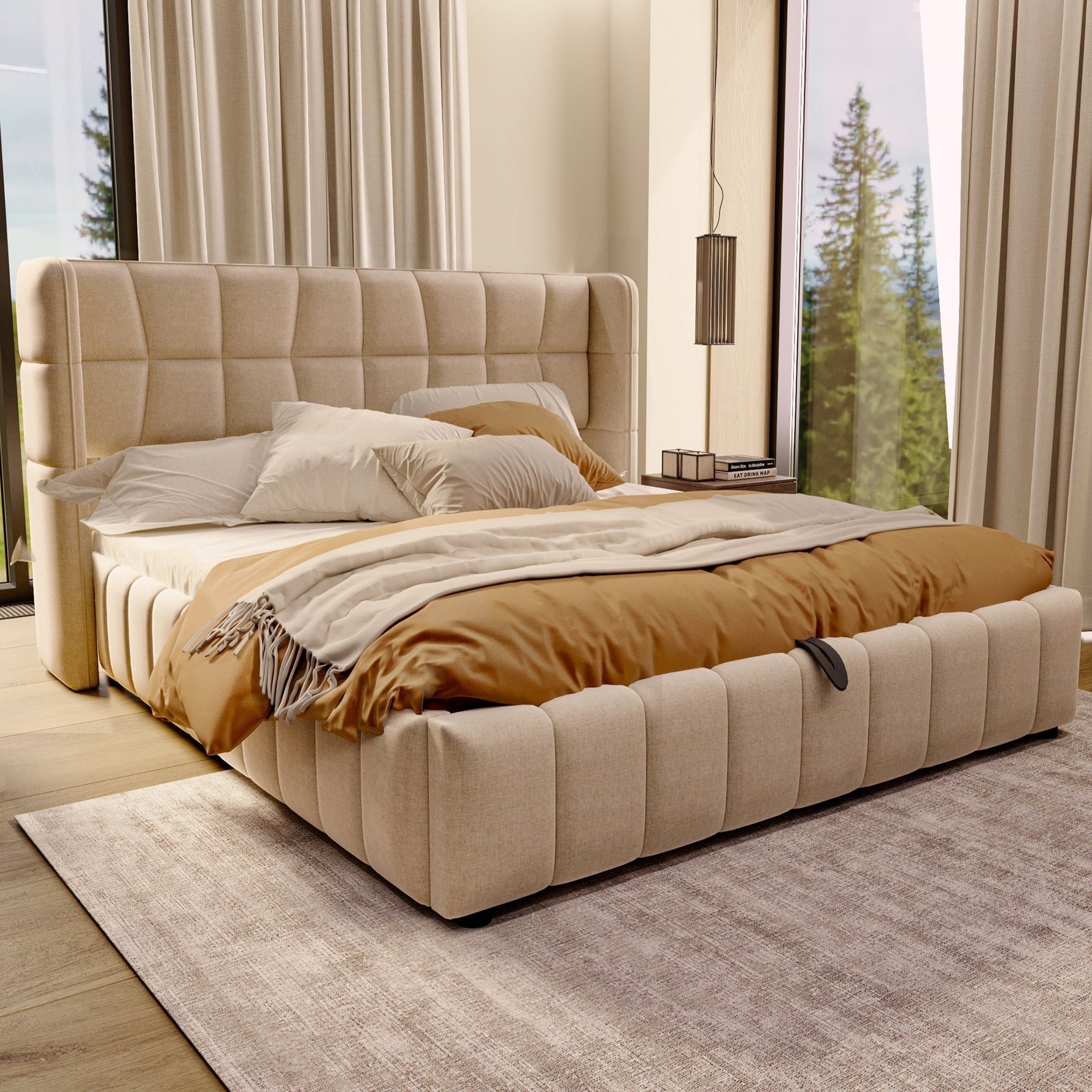Upholstered Bed 180x200cm Pneumatic Storage Slatted Frame - Beige Linen