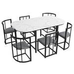 Six-Chair Dining Table Set - White Tabletop, Grey Cushions - Black Iron Frame
