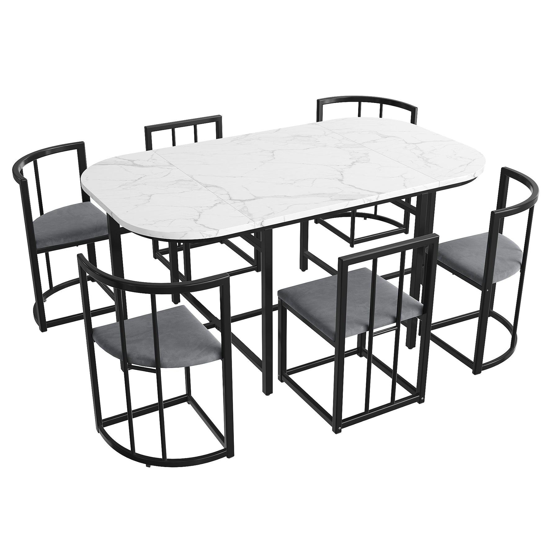 Six-Chair Dining Table Set - White Tabletop, Grey Cushions - Black Iron Frame