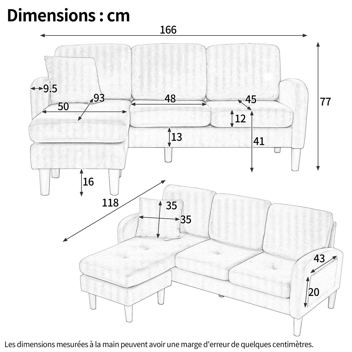L-shaped Corner Sofa with Chaise Longue, 3-Seater Modular Design, Corduroy Fabric
