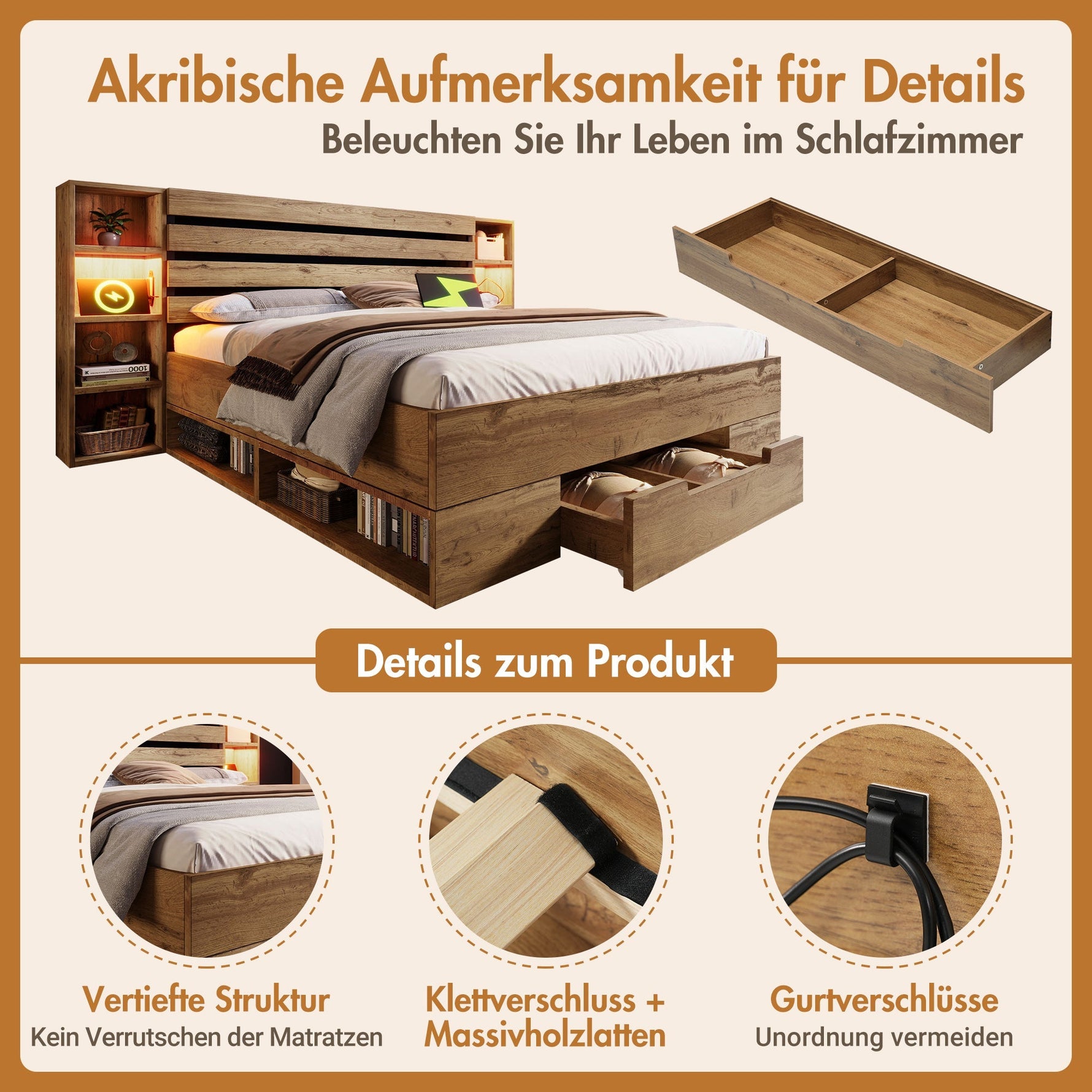 Double Bed 160x200 Storage LED/USB Headboard Drawers Solid Wood Oak