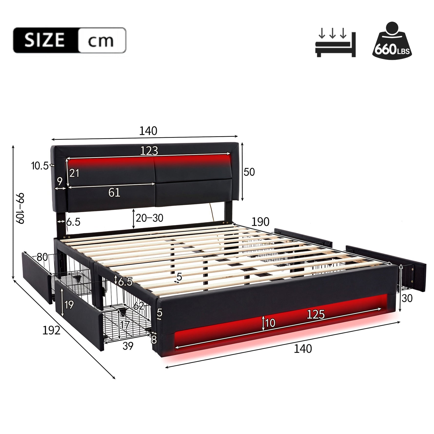 Upholstered Bed 140x190cm LED Light USB Charging 4 Storage Drawers Lychee PU Black