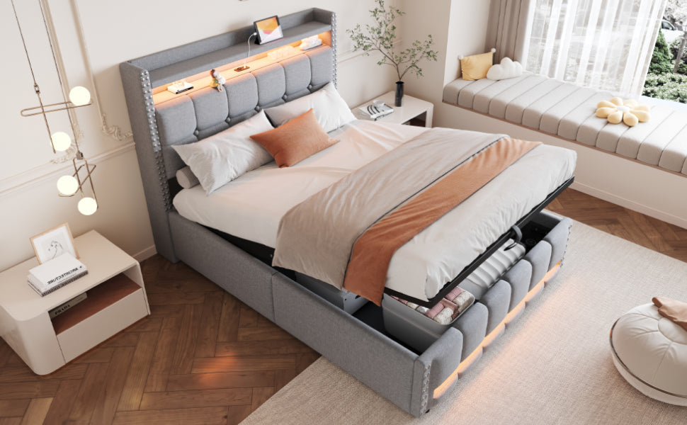 Upholstered Bed 140x200cm, LED & USB, Hydraulic Storage, Light Grey Linen
