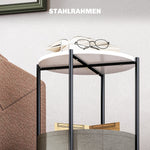 Side Table, Round Coffee Table with Storage, Steel, Grey+White