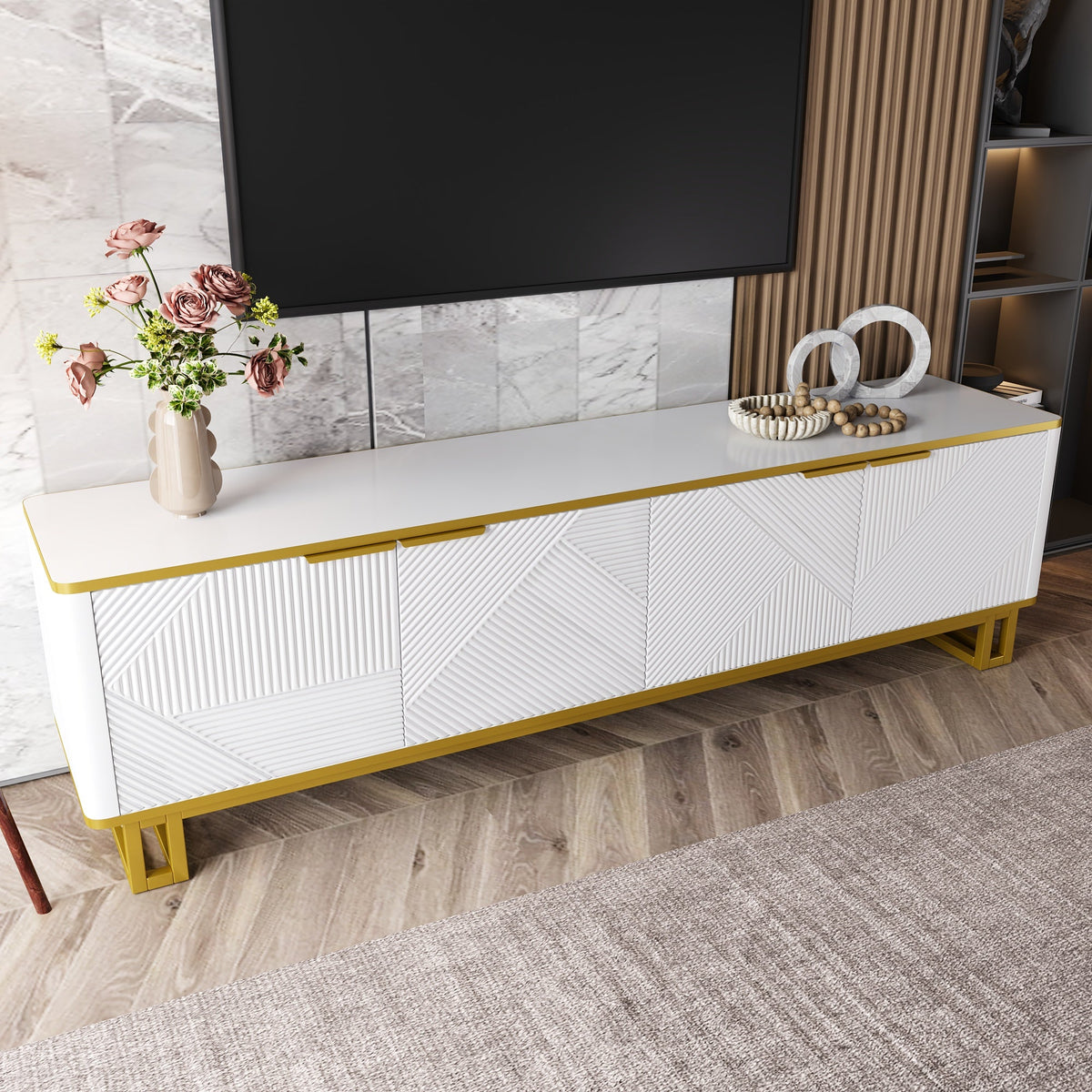 TV Cabinet Four Doors Geometric Texture 160x37.5x48cm White