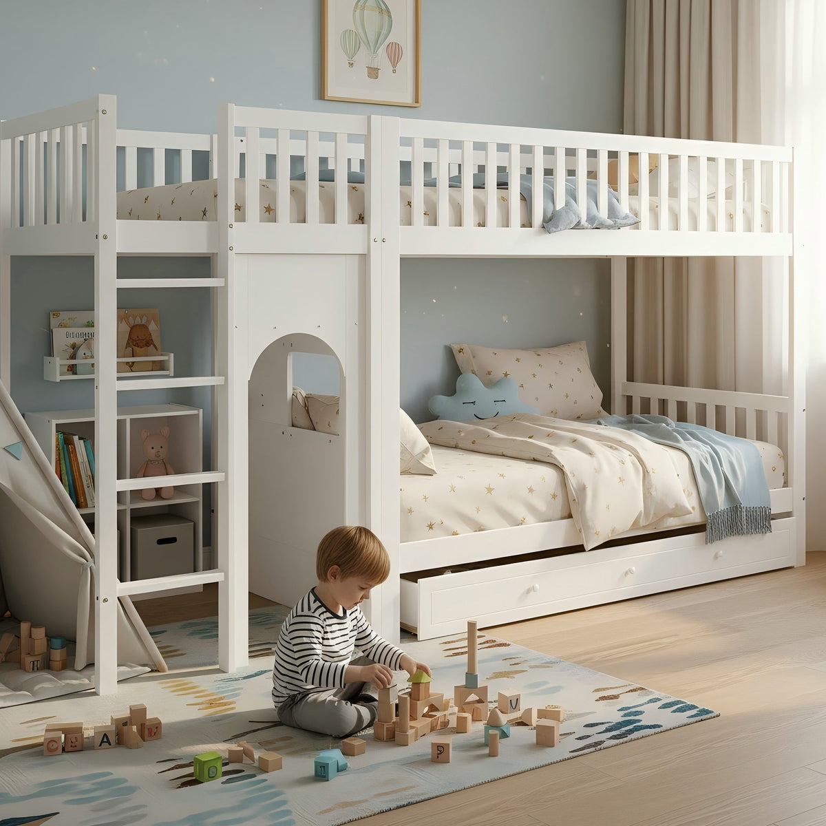 Bunk Bed for Children with Straight Ladder and Safety Railings, 90x200cm, White Pine + MDF