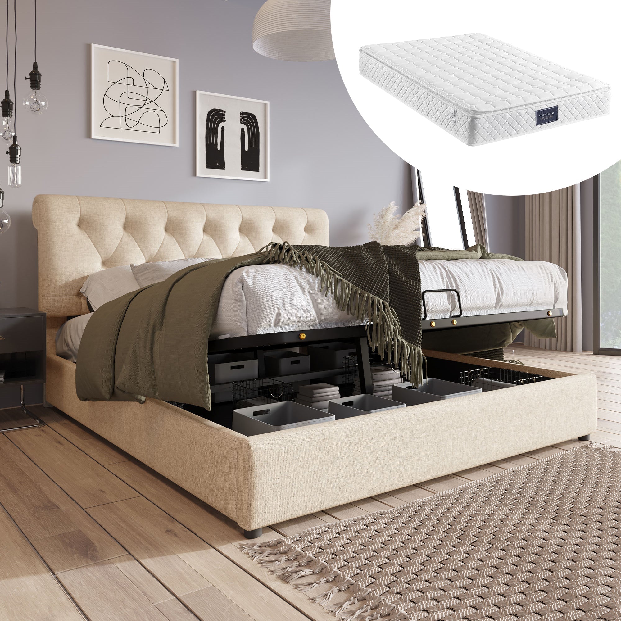 Hydraulic Double Bed, 160x200cm Adjustable Headboard with Storage, Natural Wood