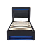 Upholstered Bed 90x200cm USB Charging LED Storage - Black PU Lychee