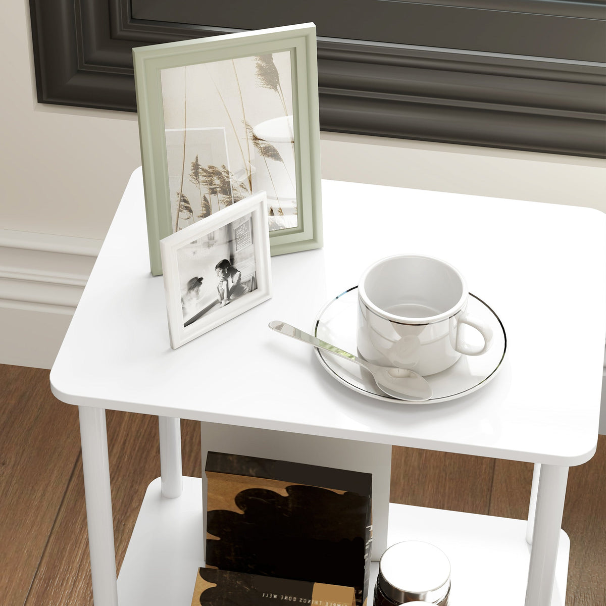 Side Table, 2-Tier Coffee Table with Storage, Metal Frame, White