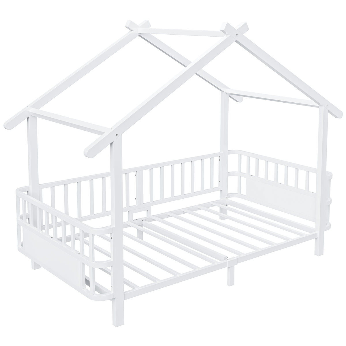 Children's House Bed 90x200cm with Safety Rail, White Metal