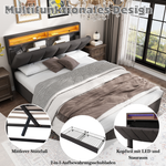Upholstered Storage Bed 140x200cm LED Light & Drawers, Grey Linen