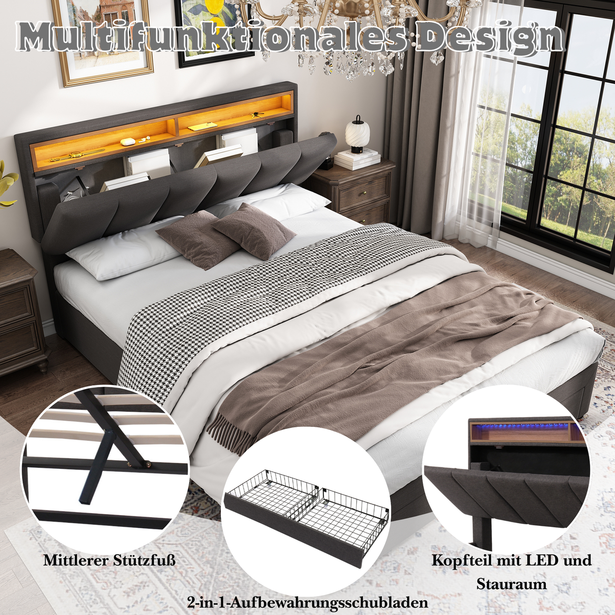 Upholstered Storage Bed 140x200cm LED Light & Drawers, Grey Linen