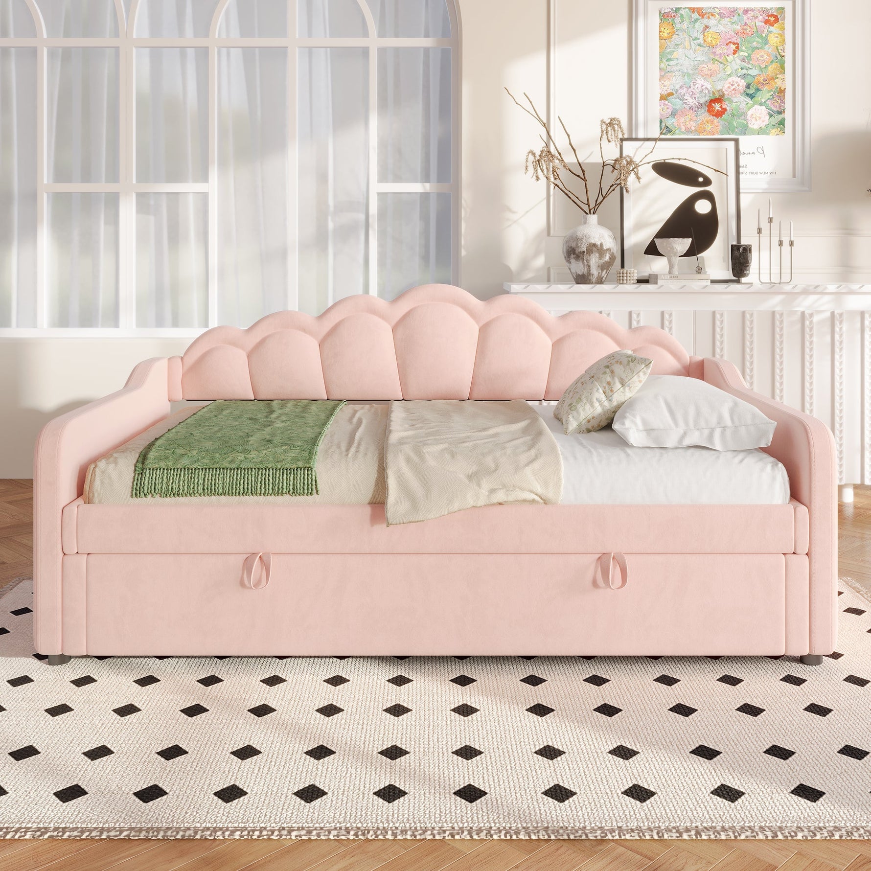 Daybed Sofa Bed 90x200cm Hydraulic Storage LED - Velvet Pink