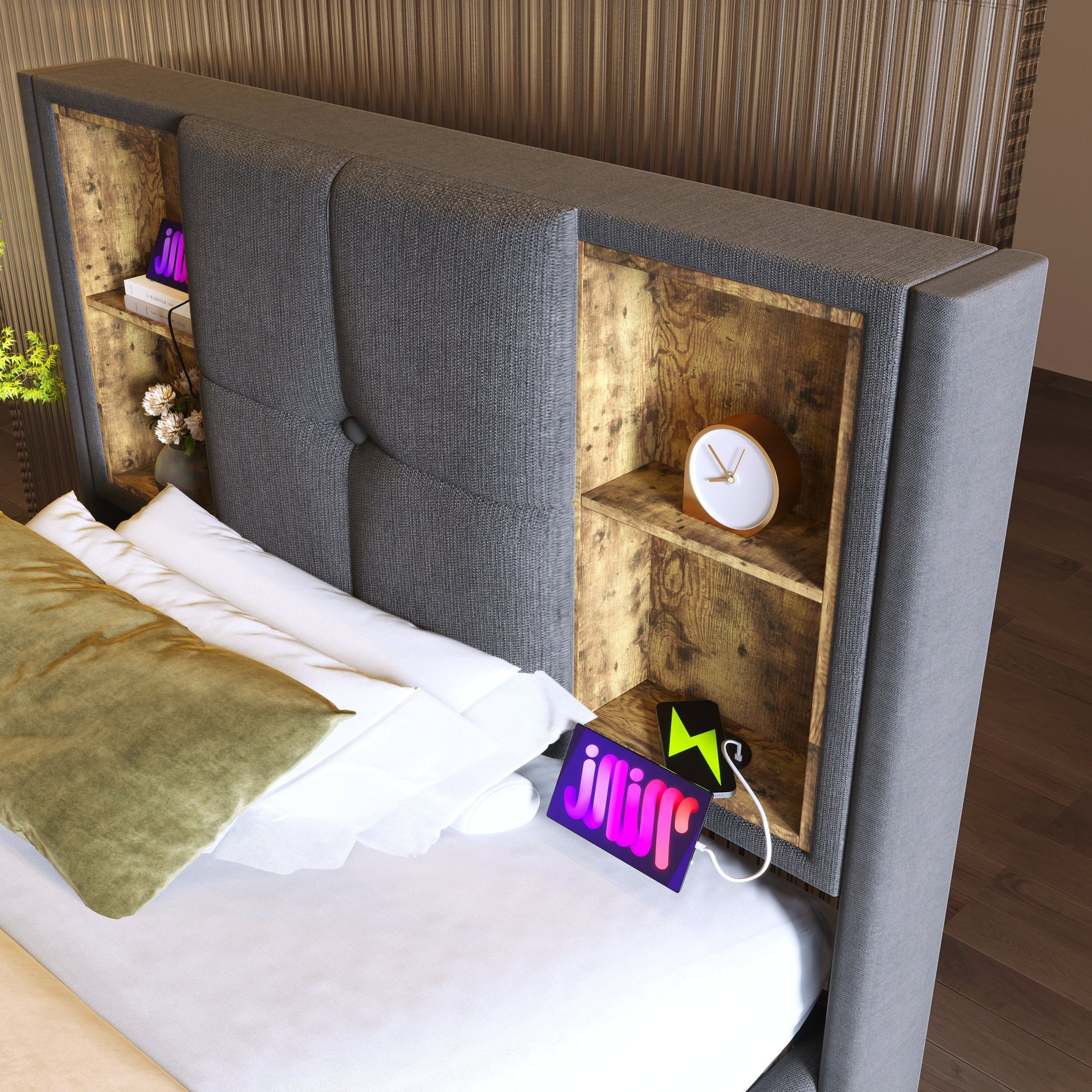 Single Bed, Wireless Charging USB C, 90x200cm with Storage, Wood-Grey Cotton